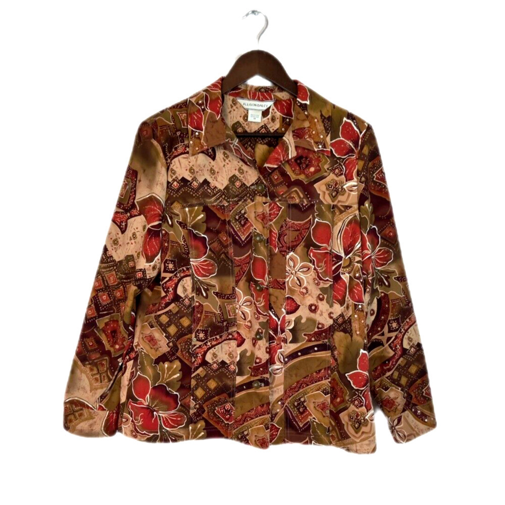 Allison Daley Fall Floral Print Earth Tones Button Down Collared Jacket Size 14